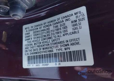 2015 Honda Cr-V Lx z USA, uszkodzony, nr VIN 2HKRM3H31FH514866